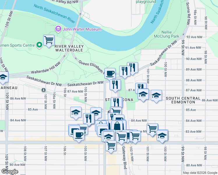 map of restaurants, bars, coffee shops, grocery stores, and more near 8720 104 Street Northwest in Edmonton