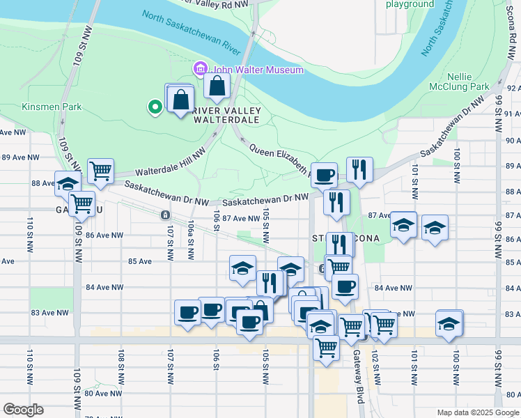 map of restaurants, bars, coffee shops, grocery stores, and more near 8703 105 Street Northwest in Edmonton