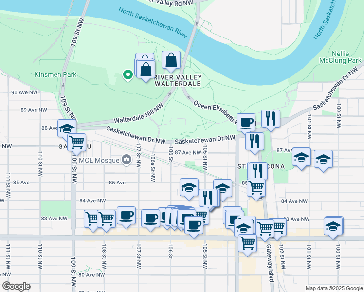 map of restaurants, bars, coffee shops, grocery stores, and more near 10521 Saskatchewan Drive Northwest in Edmonton