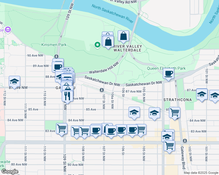 map of restaurants, bars, coffee shops, grocery stores, and more near in Edmonton