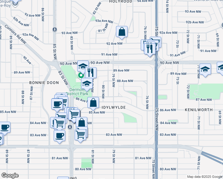 map of restaurants, bars, coffee shops, grocery stores, and more near 8628 79 Street Northwest in Edmonton