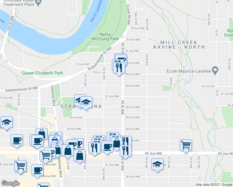 map of restaurants, bars, coffee shops, grocery stores, and more near 9916 87 Avenue Northwest in Edmonton