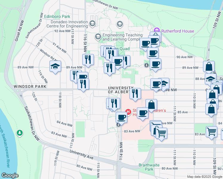 map of restaurants, bars, coffee shops, grocery stores, and more near 11012 87 Ave NW in Edmonton