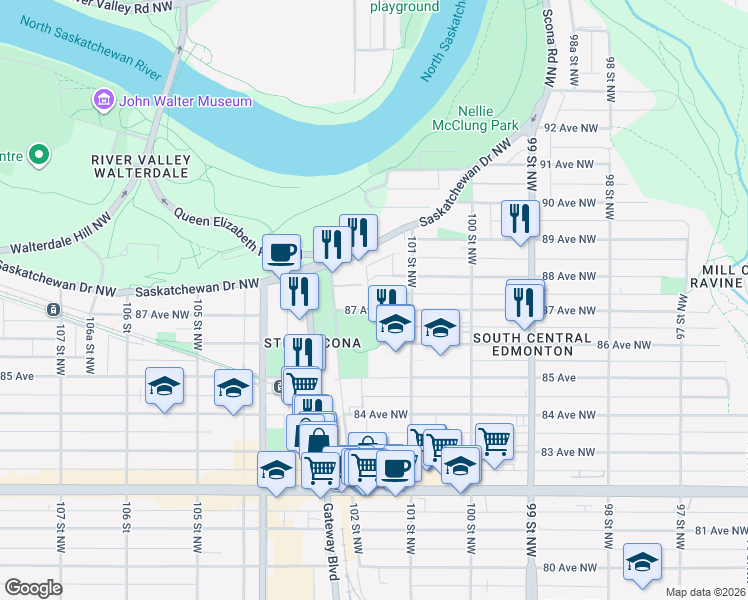 map of restaurants, bars, coffee shops, grocery stores, and more near 10134 A 87 Avenue Northwest in Edmonton