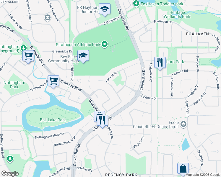 map of restaurants, bars, coffee shops, grocery stores, and more near 264 Forrest Drive in Sherwood Park