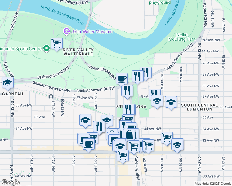 map of restaurants, bars, coffee shops, grocery stores, and more near 8720 104 Street Northwest in Edmonton