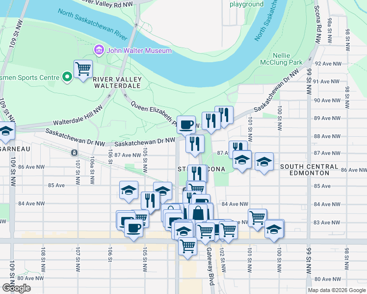 map of restaurants, bars, coffee shops, grocery stores, and more near 8715 104 Street Northwest in Edmonton