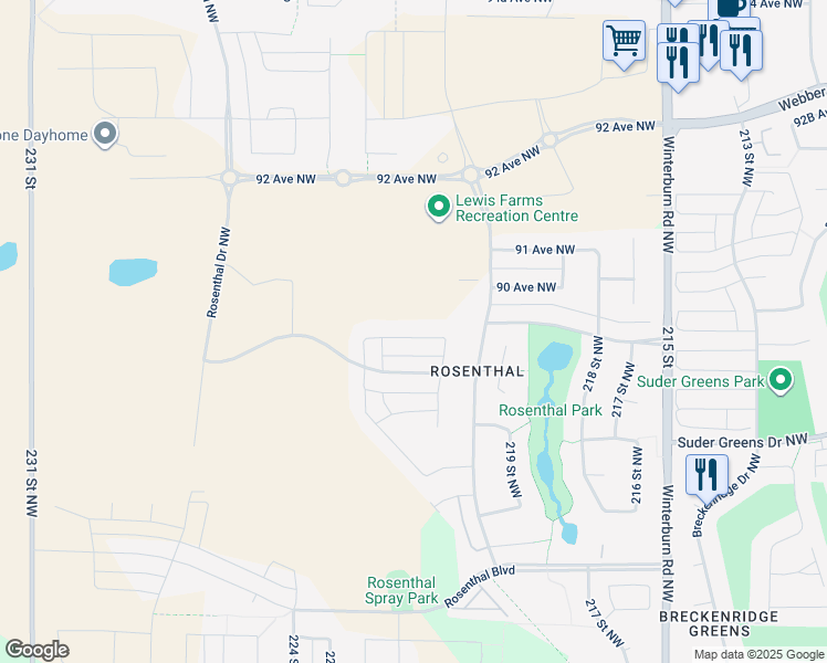 map of restaurants, bars, coffee shops, grocery stores, and more near 22128 89 Avenue Northwest in Edmonton