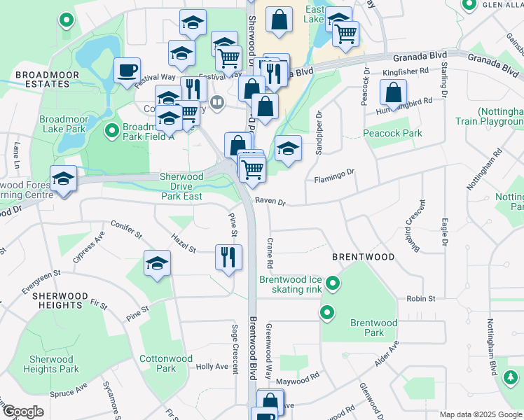map of restaurants, bars, coffee shops, grocery stores, and more near 4 Crane Road in Sherwood Park