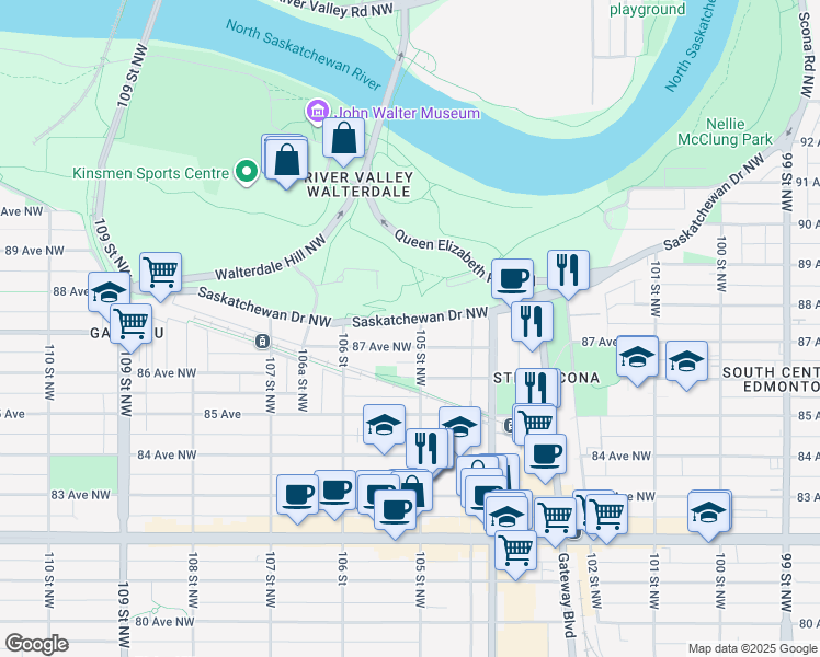 map of restaurants, bars, coffee shops, grocery stores, and more near 10507 Saskatchewan Drive Northwest in Edmonton