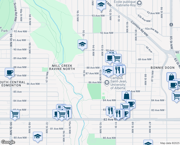 map of restaurants, bars, coffee shops, grocery stores, and more near 9411 87 Avenue Northwest in Edmonton