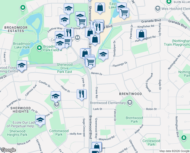 map of restaurants, bars, coffee shops, grocery stores, and more near 4 Crane Road in Sherwood Park