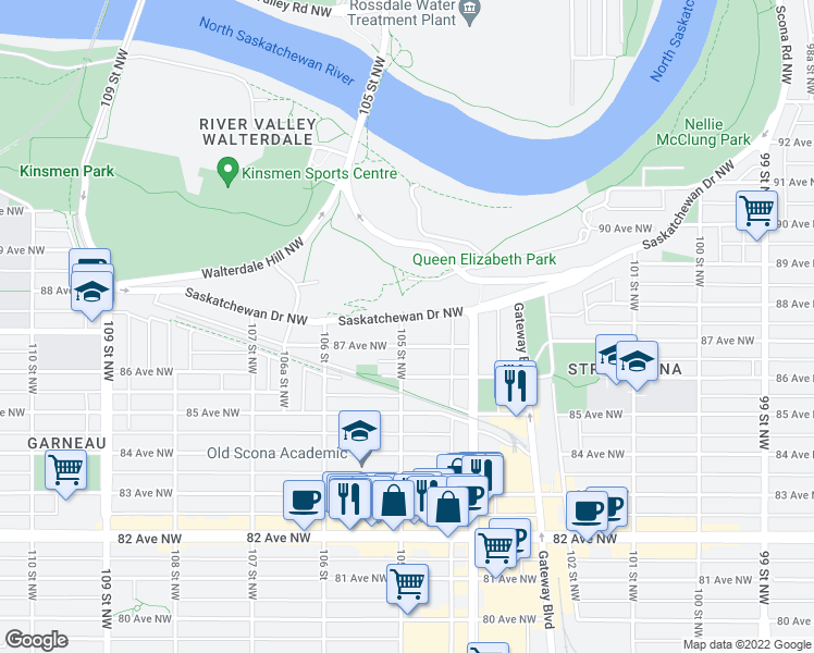 map of restaurants, bars, coffee shops, grocery stores, and more near 8703 105 Street Northwest in Edmonton