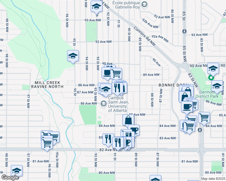 map of restaurants, bars, coffee shops, grocery stores, and more near 8710 91 Street in Edmonton