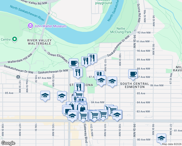 map of restaurants, bars, coffee shops, grocery stores, and more near 15 Tommy Banks Way Northwest in Edmonton