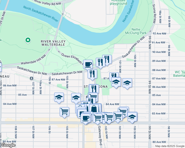 map of restaurants, bars, coffee shops, grocery stores, and more near 8728 Gateway Boulevard Northwest in Edmonton