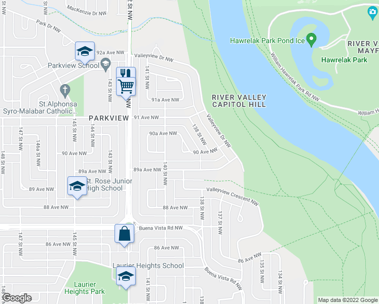 map of restaurants, bars, coffee shops, grocery stores, and more near 13819 90 Avenue Northwest in Edmonton