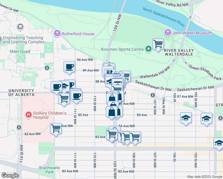 map of restaurants, bars, coffee shops, grocery stores, and more near in Edmonton