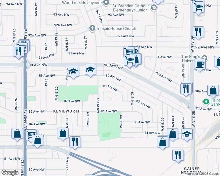 map of restaurants, bars, coffee shops, grocery stores, and more near 6603 88 Avenue Northwest in Edmonton