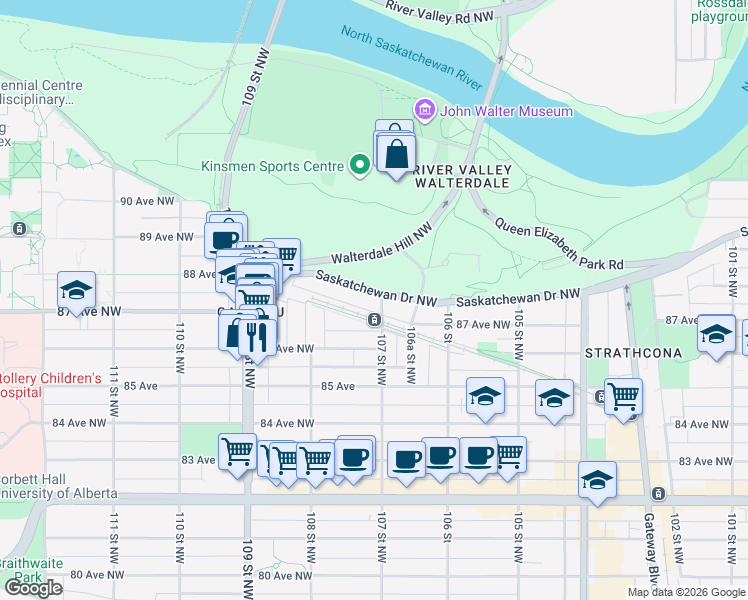 map of restaurants, bars, coffee shops, grocery stores, and more near 10711 Saskatchewan Drive Northwest in Edmonton