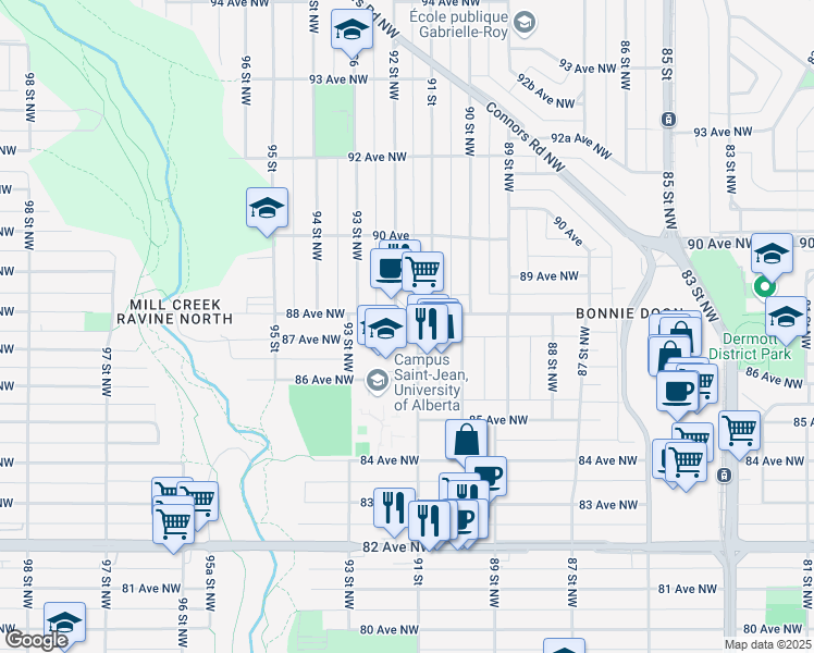 map of restaurants, bars, coffee shops, grocery stores, and more near 8710 91 Street in Edmonton