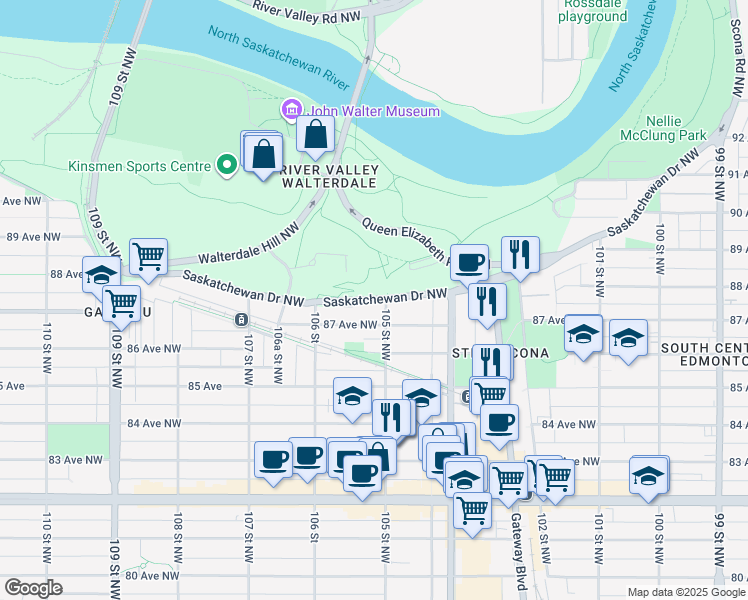 map of restaurants, bars, coffee shops, grocery stores, and more near 10507 Saskatchewan Drive Northwest in Edmonton