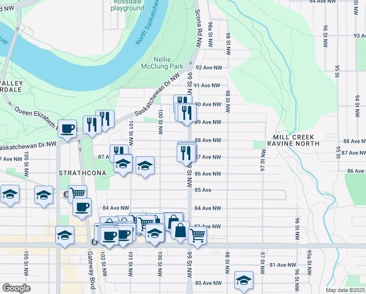 map of restaurants, bars, coffee shops, grocery stores, and more near 9916 87 Avenue Northwest in Edmonton