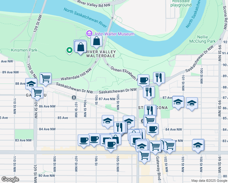 map of restaurants, bars, coffee shops, grocery stores, and more near 8703 105 Street Northwest in Edmonton