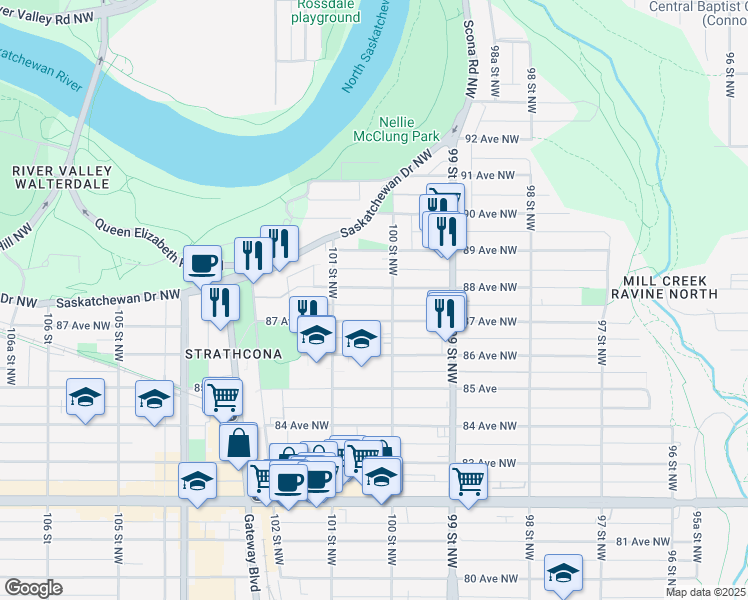 map of restaurants, bars, coffee shops, grocery stores, and more near 10013 88 Avenue Northwest in Edmonton