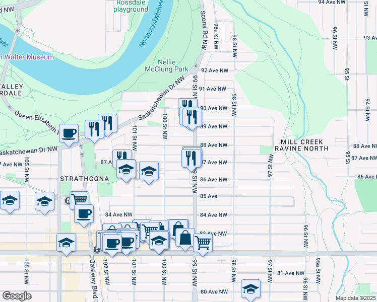 map of restaurants, bars, coffee shops, grocery stores, and more near 9915 88 Avenue Northwest in Edmonton