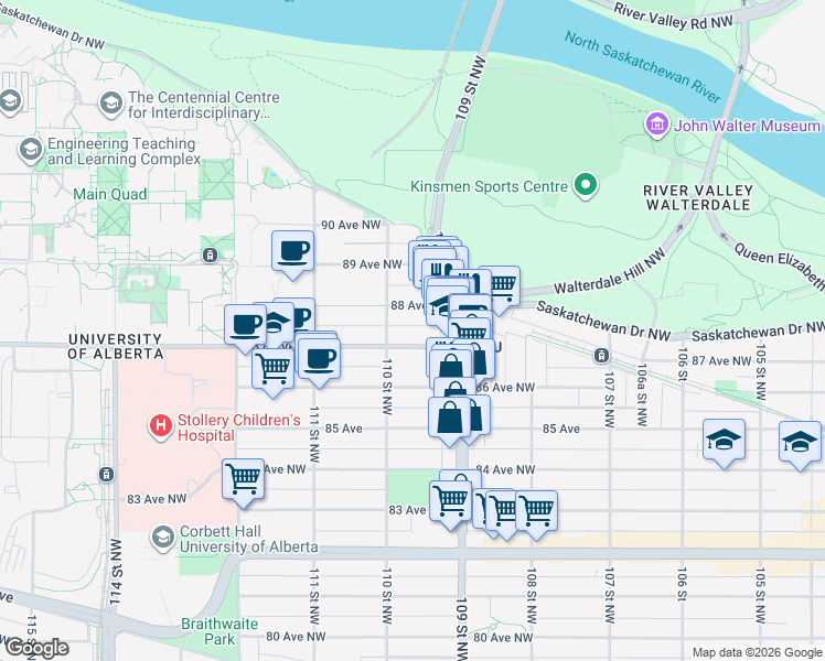 map of restaurants, bars, coffee shops, grocery stores, and more near 10938 87 Avenue Northwest in Edmonton