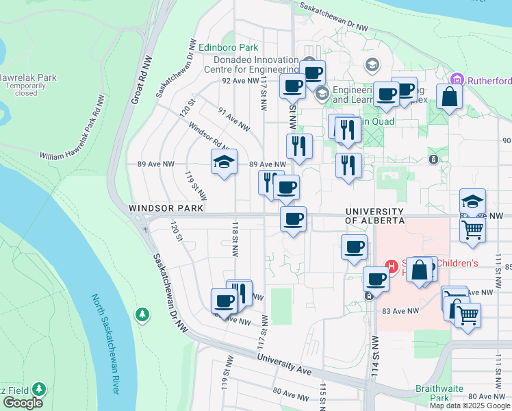 map of restaurants, bars, coffee shops, grocery stores, and more near in Edmonton