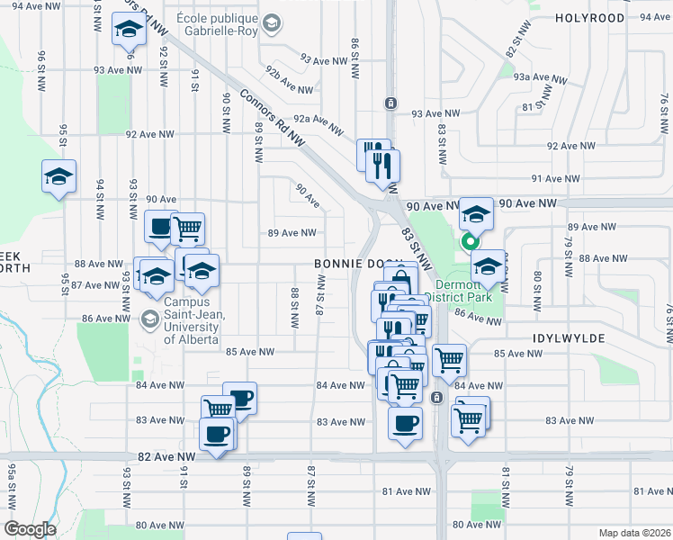 map of restaurants, bars, coffee shops, grocery stores, and more near 8535 88 Avenue Northwest in Edmonton