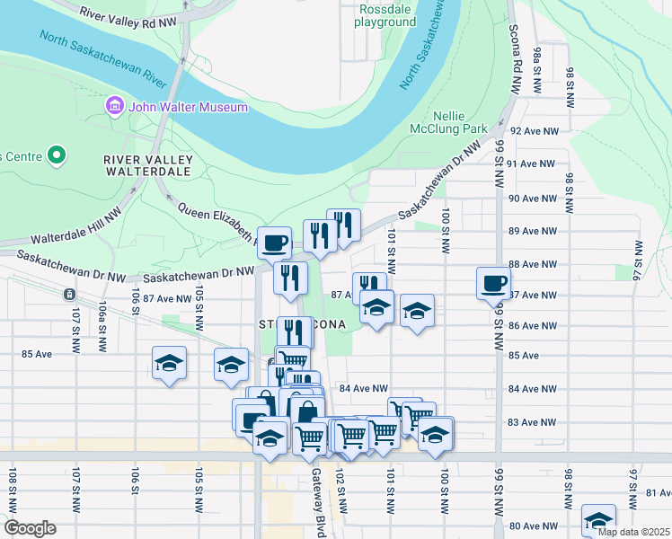 map of restaurants, bars, coffee shops, grocery stores, and more near 15 Tommy Banks Way Northwest in Edmonton