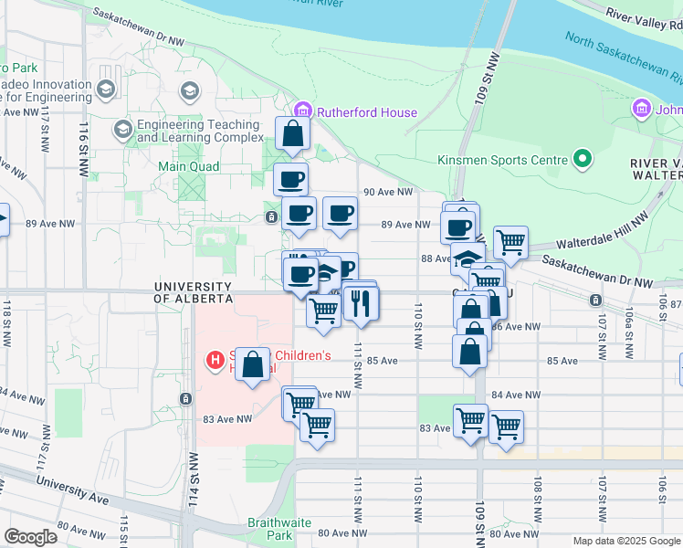 map of restaurants, bars, coffee shops, grocery stores, and more near 111 Street 87 Avenue Northwest in Edmonton