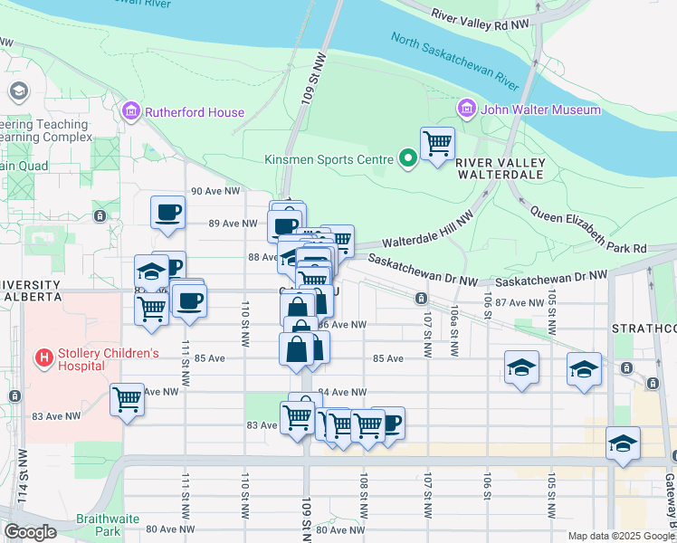 map of restaurants, bars, coffee shops, grocery stores, and more near 10883 Saskatchewan Drive Northwest in Edmonton
