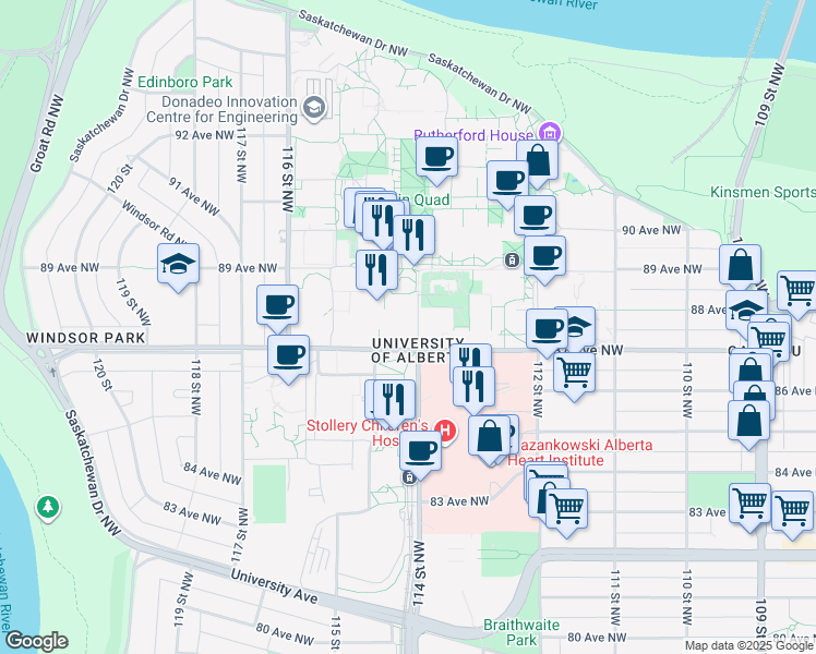 map of restaurants, bars, coffee shops, grocery stores, and more near 114 Street 89 Avenue Northwest in Edmonton