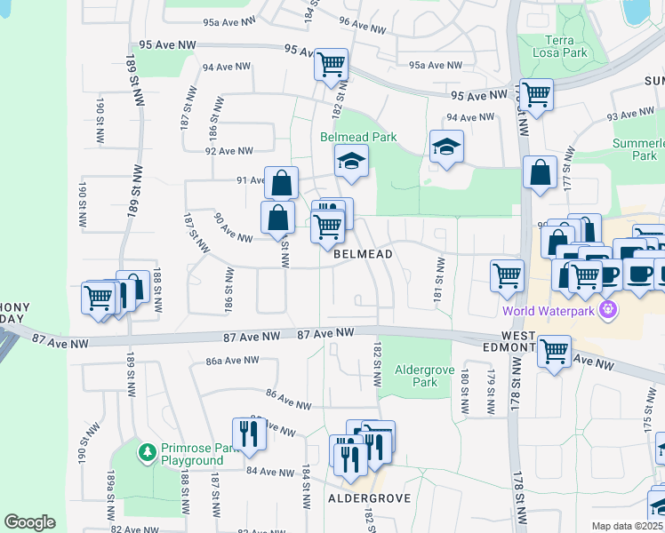 map of restaurants, bars, coffee shops, grocery stores, and more near Belmead Gardens Northwest in Edmonton