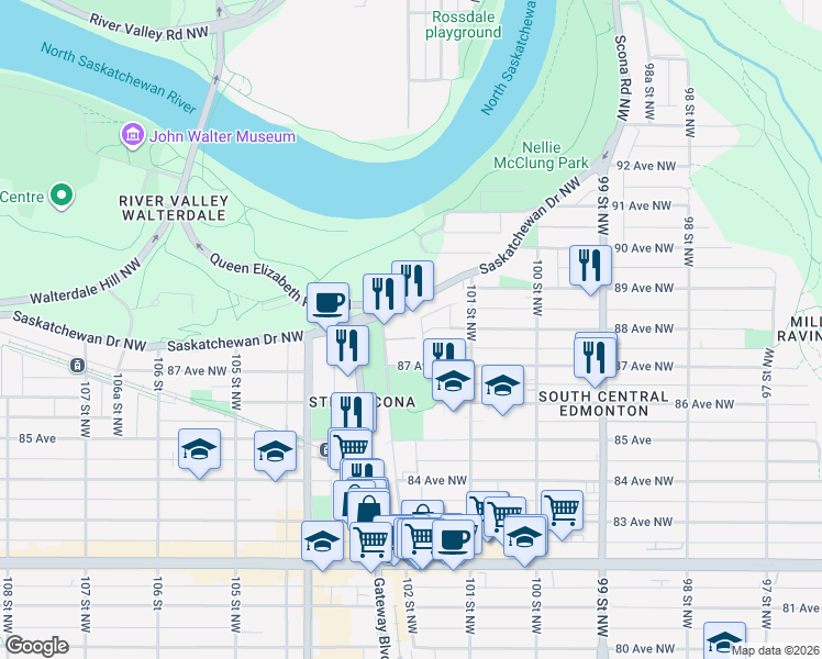map of restaurants, bars, coffee shops, grocery stores, and more near 10134 A 87 Avenue Northwest in Edmonton