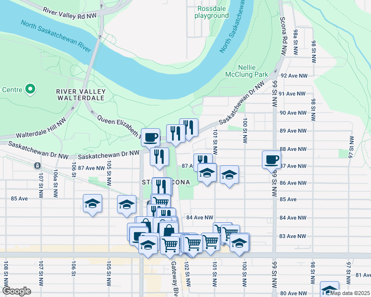 map of restaurants, bars, coffee shops, grocery stores, and more near 10149 Saskatchewan Drive Northwest in Edmonton