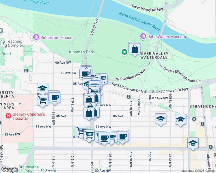 map of restaurants, bars, coffee shops, grocery stores, and more near in Edmonton