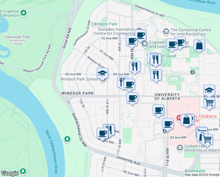map of restaurants, bars, coffee shops, grocery stores, and more near in Edmonton