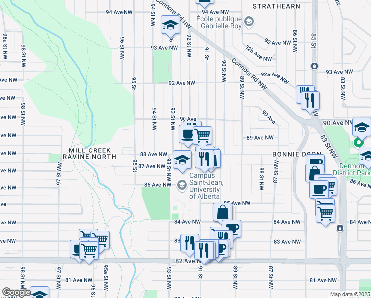 map of restaurants, bars, coffee shops, grocery stores, and more near 8832 92 Street Northwest in Edmonton