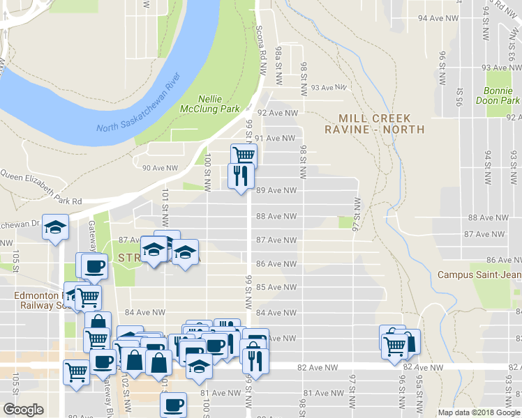 map of restaurants, bars, coffee shops, grocery stores, and more near 26 89 Avenue Northwest in Edmonton