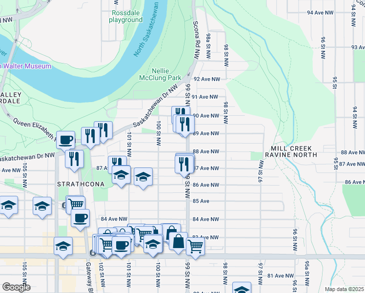 map of restaurants, bars, coffee shops, grocery stores, and more near 9916 89 Avenue Northwest in Edmonton