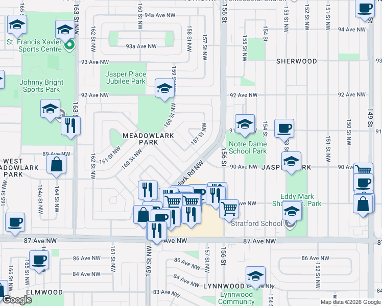 map of restaurants, bars, coffee shops, grocery stores, and more near 15703 90 Avenue Northwest in Edmonton
