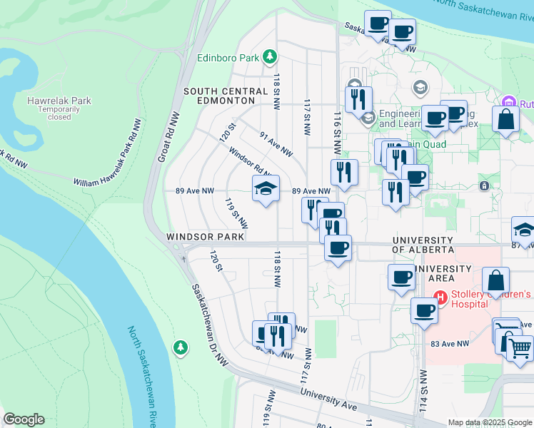 map of restaurants, bars, coffee shops, grocery stores, and more near 8720 118 Street Northwest in Edmonton
