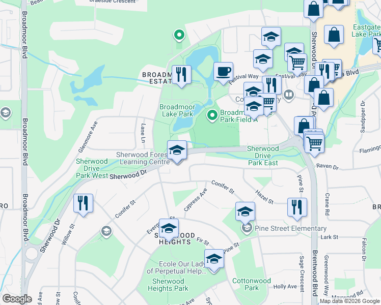 map of restaurants, bars, coffee shops, grocery stores, and more near 2336 Sherwood Drive in Sherwood Park