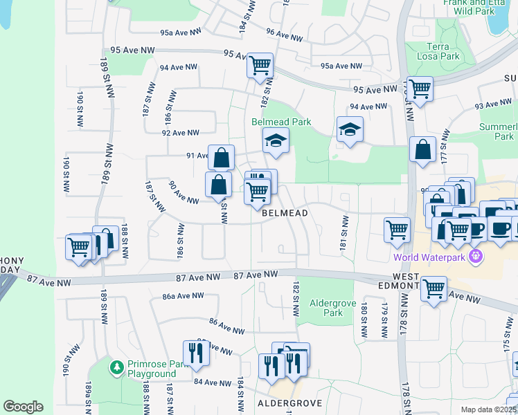 map of restaurants, bars, coffee shops, grocery stores, and more near 8925 184 Street Northwest in Edmonton