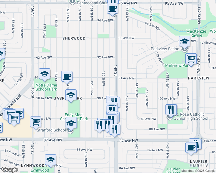 map of restaurants, bars, coffee shops, grocery stores, and more near 9040 149 Street Northwest in Edmonton